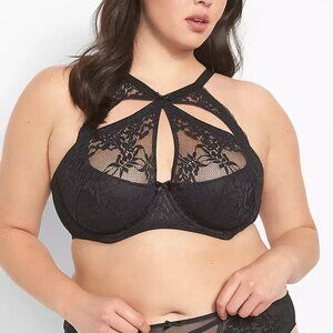 Cacique Bra Women's 44C Black Lace High Neck Lightly Lined French Balconette